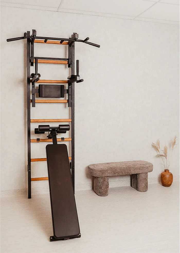 BenchK Series 2 wall bar — wide frame, beech rungs, full attachment compatibility