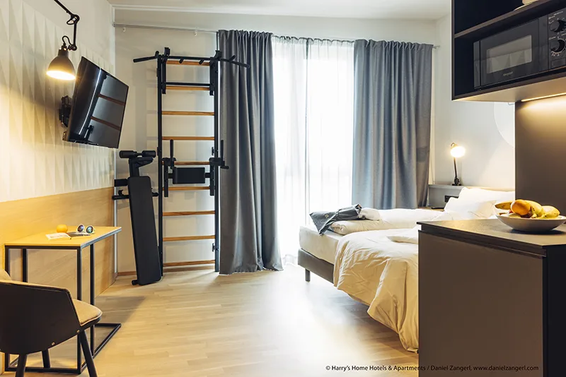 BenchK wall bars in a hotel room and guest fitness space