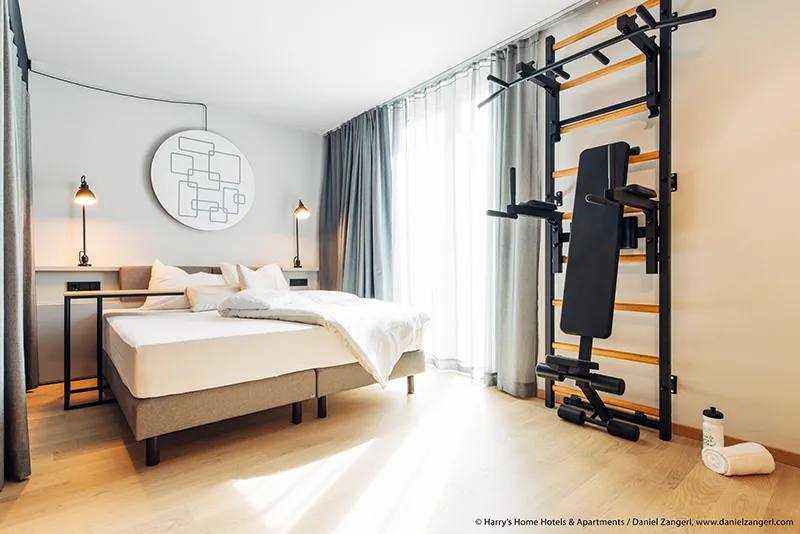BenchK wall bars in a hotel room and guest fitness space