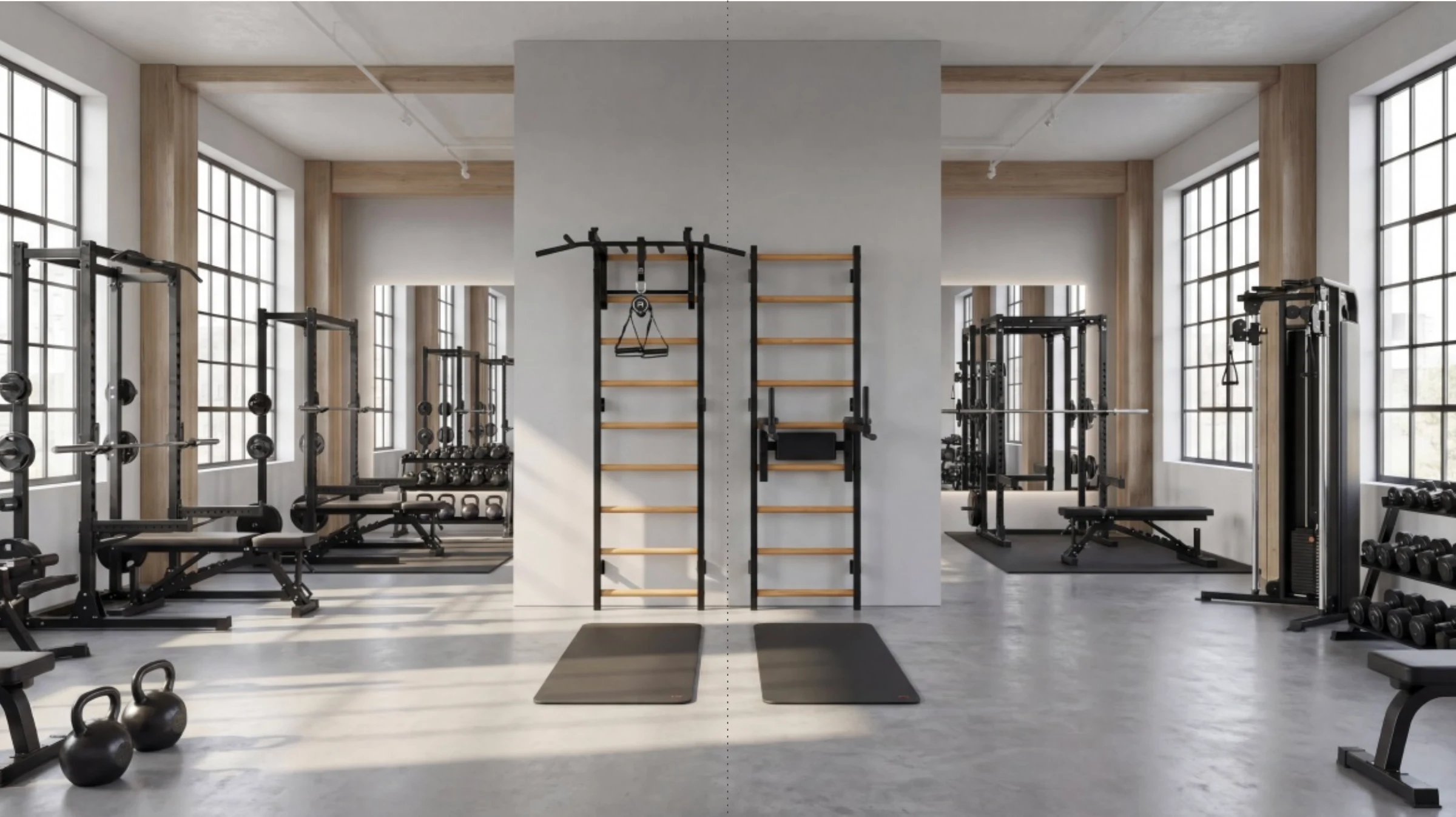Commercial gym with BenchK, TRX, dumbbells, barbell, and bench